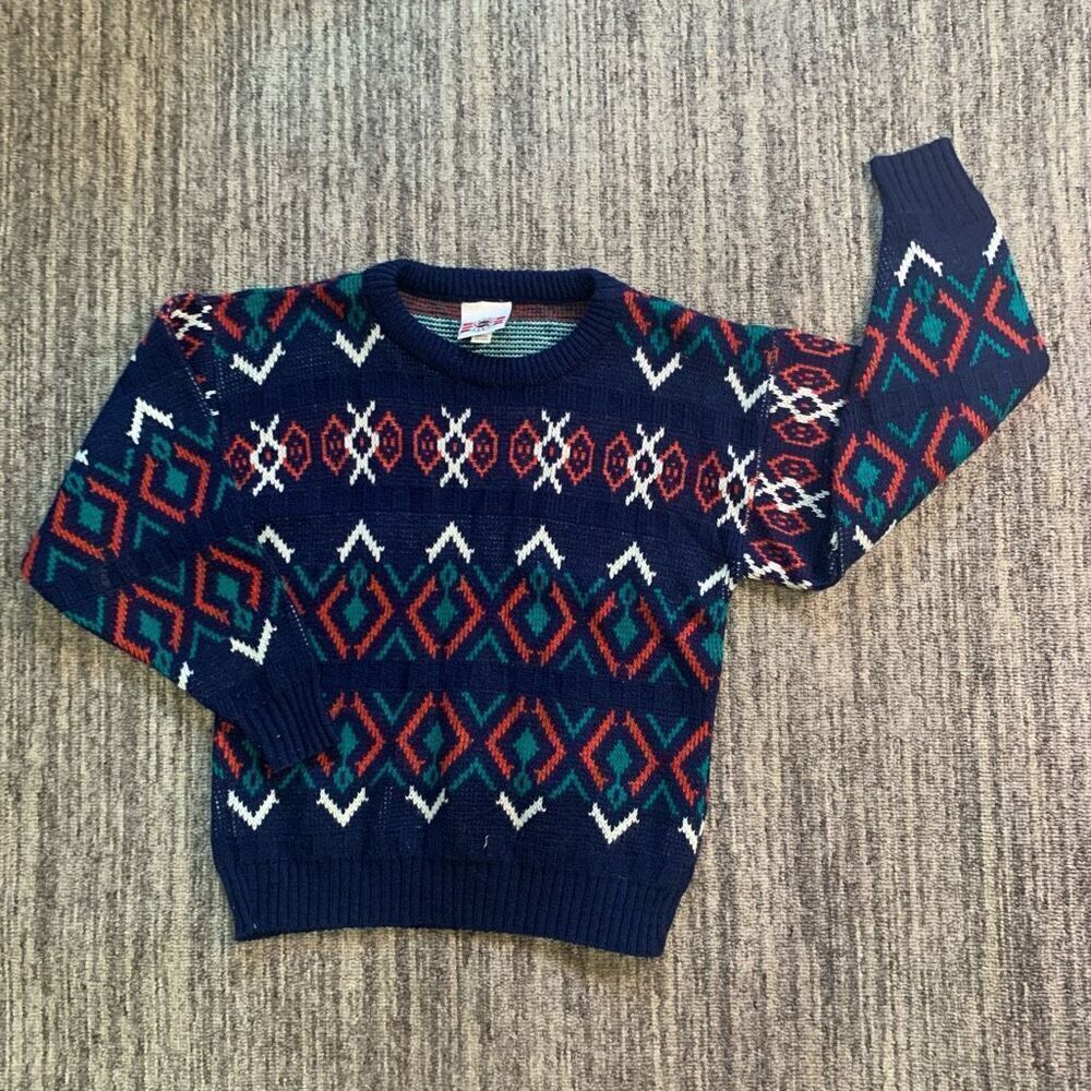 Vintage Cadet Boys Club Size 8 Pullover Sweater Blue Geo Print Long‎ Sleeve